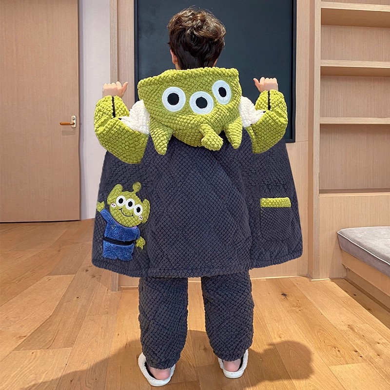 儿童睡衣冬季三层夹棉加绒加厚中长款睡袍小男孩珊瑚绒家居服