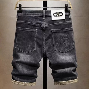 薄款 弹力休闲中裤 潮牌灰色刺绣牛仔短裤 修身 男网红百搭五分裤 夏季