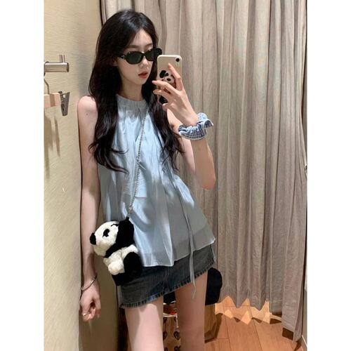 甜美高级感露肩挂脖衬衫女