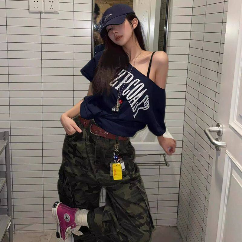 韩系复古辣妹斜肩短袖t恤女