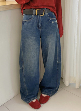 Last danse美式复古牛仔裤女深蓝色做旧水洗磨破宽松休闲弯刀裤春