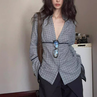 大V领内搭松弛感修身 Last 收腰衬衣外套 女长袖 格子衬衫 danse 法式