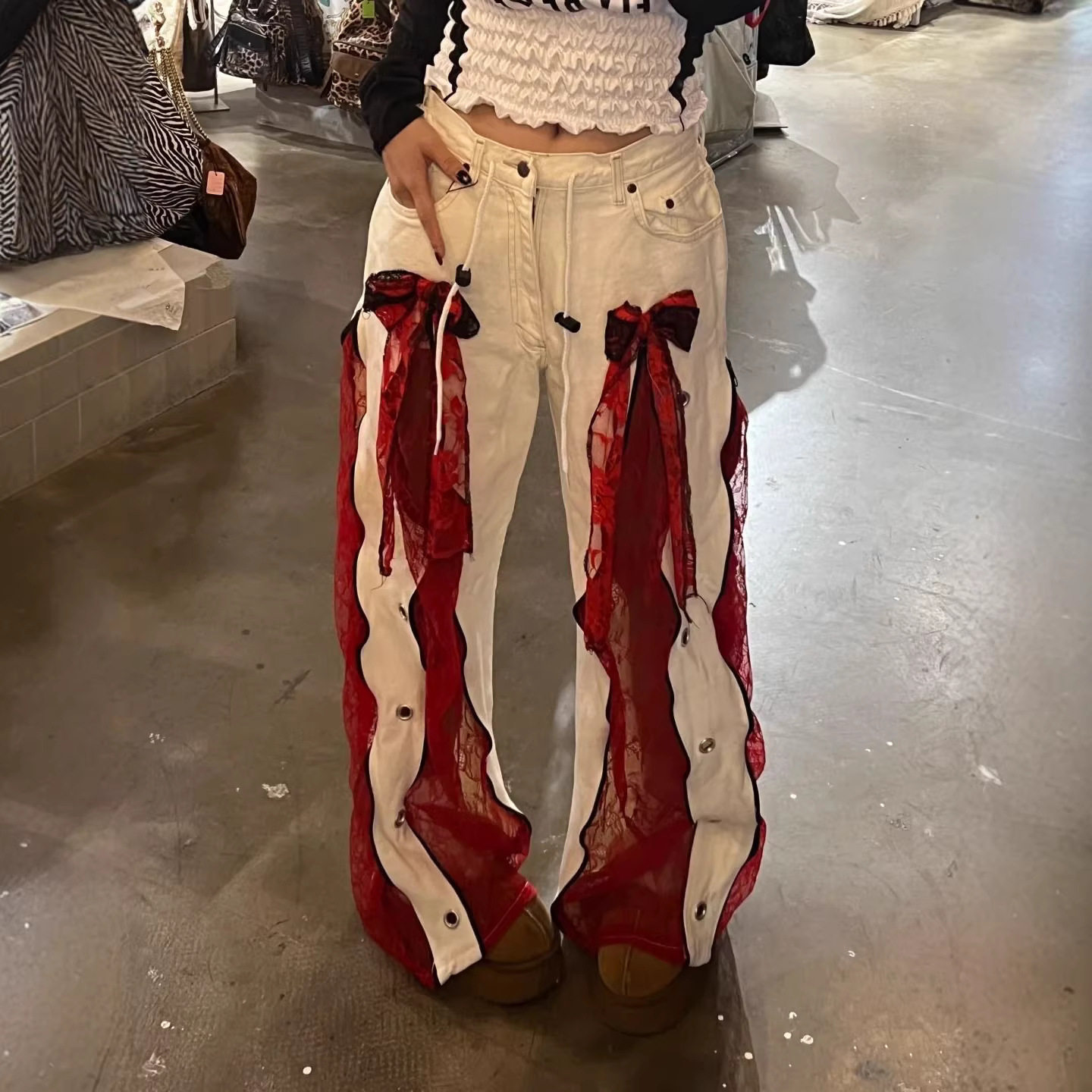 美式蕾丝蝴蝶结牛仔裤女