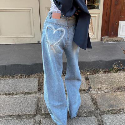 韩国爱心牛仔裤女2026复古高腰