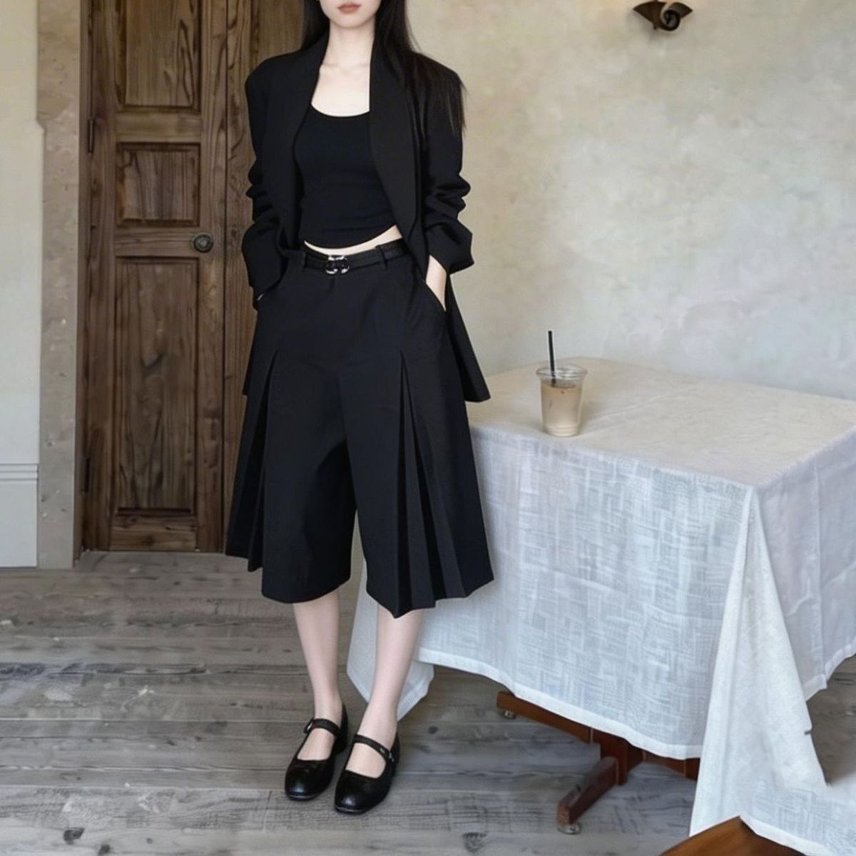 Last danse黑色褶皱七分裤女夏韩系宽松老钱风垂感直筒西装中裤