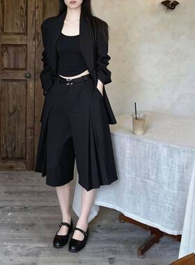 Last danse黑色褶皱七分裤女夏韩系宽松老钱风垂感直筒西装中裤