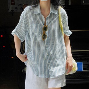 Last 女短袖 夏薄款 百搭复古休闲宽松慵懒风衬衣 danse蓝色条纹衬衫