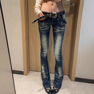 喇叭裤 Last 女低腰y2k辣妹刺绣微喇显瘦修身 复古牛仔裤 danse 美式