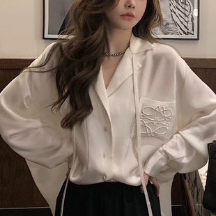 2026新款 Last danse醋酸缎面白色衬衫 女长袖 光泽感休闲刺绣衬衫