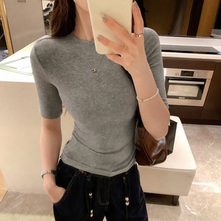 显瘦中袖 Last 上衣 正肩圆领修身 夏基础款 danse美式 灰色T恤女短袖
