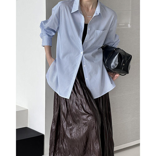 蓝色条纹衬衫女长袖上衣设计感