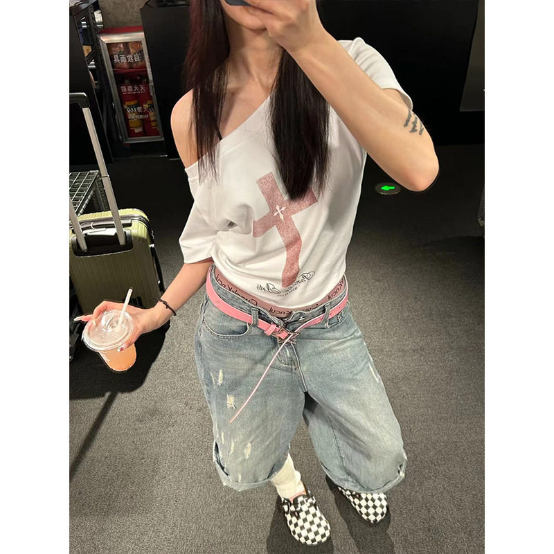 美式白色斜肩T恤女短袖夏街头