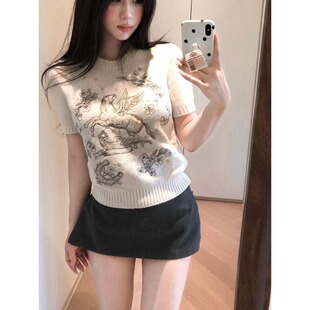 夏新款 Last danse复古飞马刺绣针织衫 女短袖 显瘦百搭打底上衣 短款