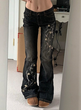 Last danse黑色微喇牛仔裤女低腰显瘦花朵刺绣设计感修身喇叭裤春