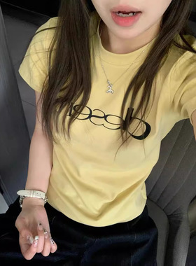 Last danse 黄色T恤女短袖夏短款修身显瘦正肩字母休闲印花上衣