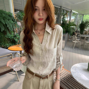 Last 女长袖 薄款 老钱风夏松弛感V领防晒上衣 danse原麻色亚麻衬衫
