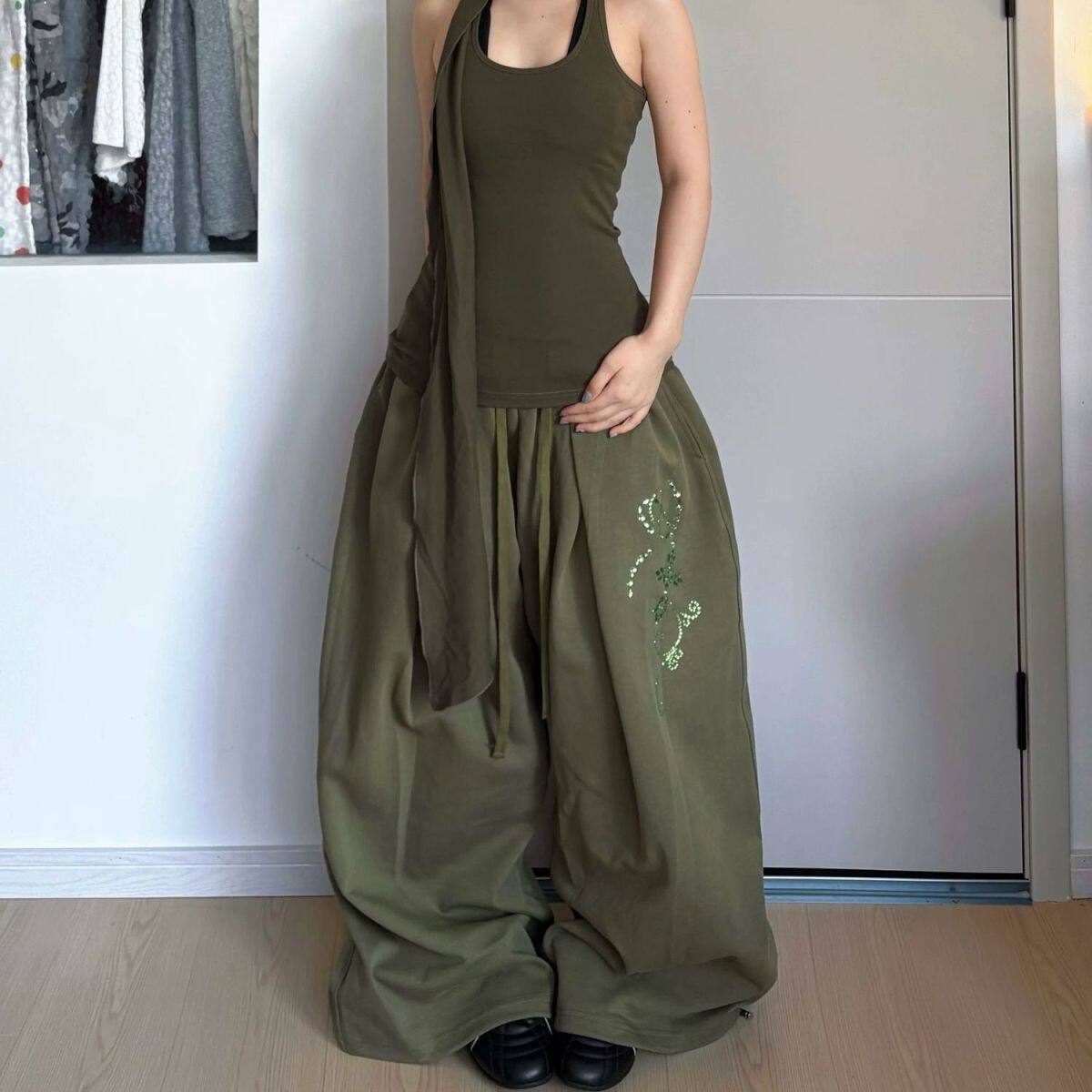 Lastdne韩系复古伞兵裤女