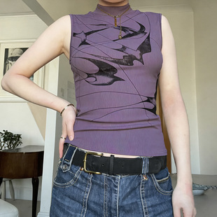Last 背心女新中式 印花修身 显瘦立领外穿背心 danse紫色复古风无袖