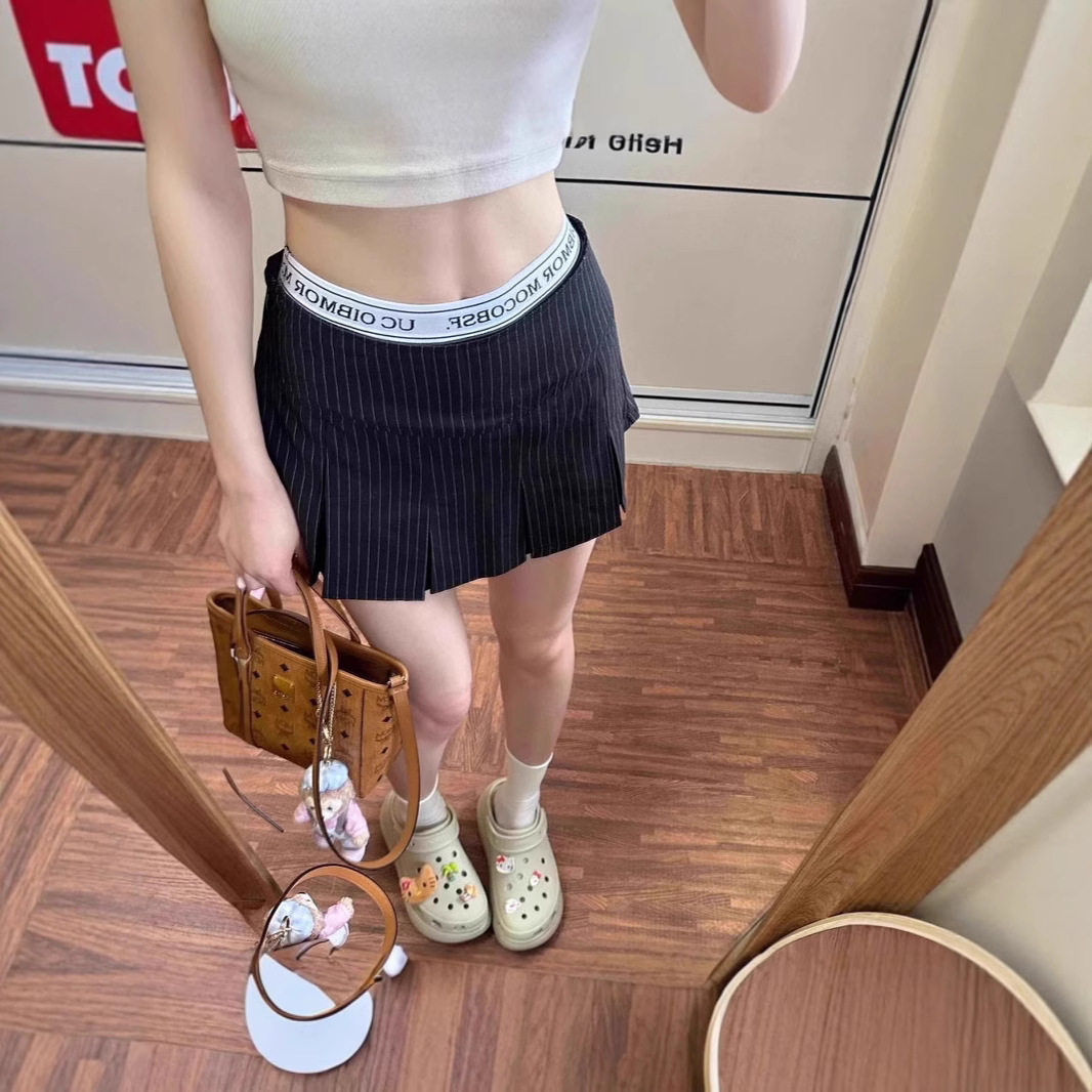 美式复古条纹百褶裙女低腰