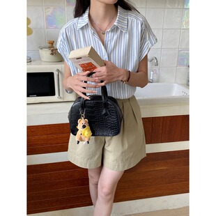 女短袖 夏复古宽松显瘦休闲单排扣衬衣 danse条纹肌理感衬衫 Last