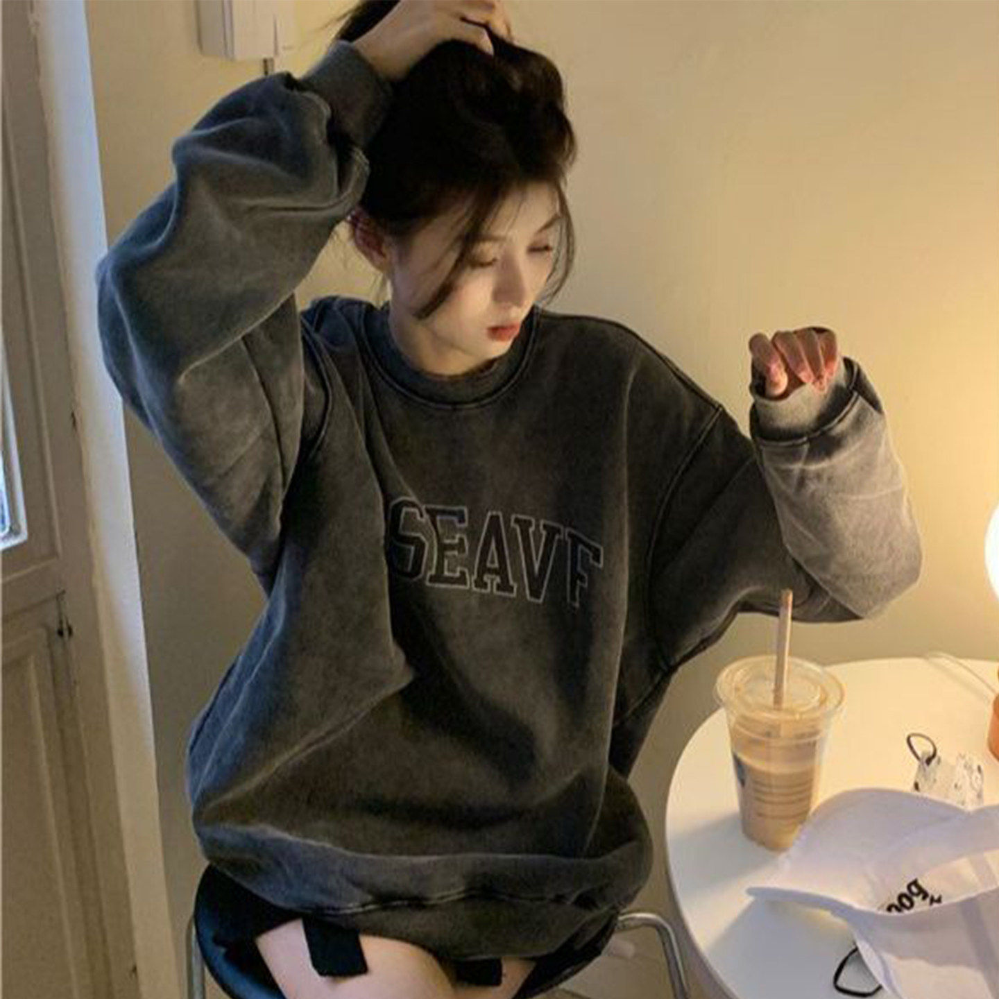 Lastdne韩系复古卫衣女水