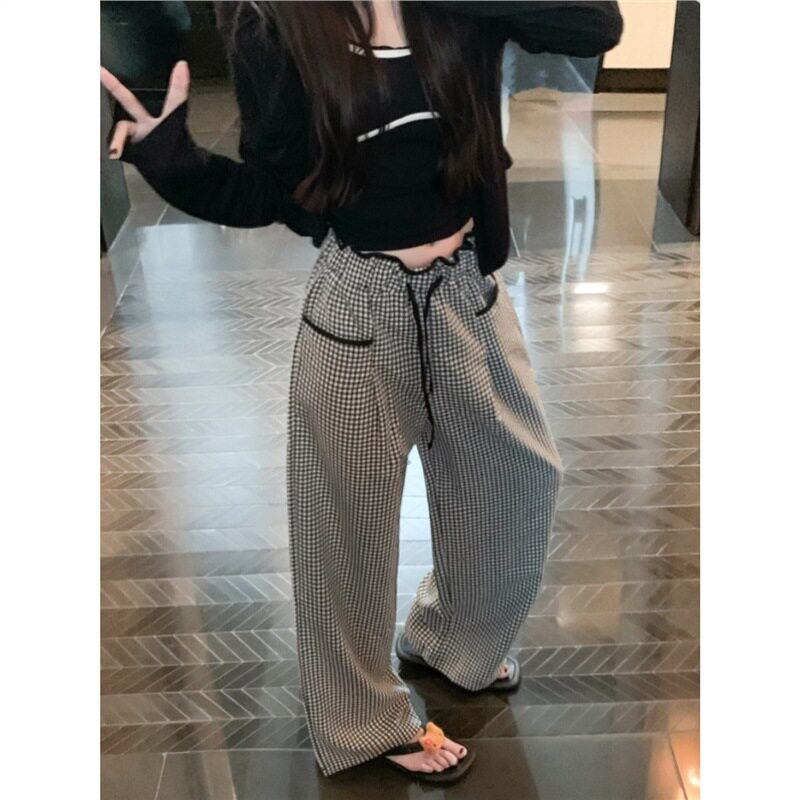 韩版黑白格子裤女腰部花边设计