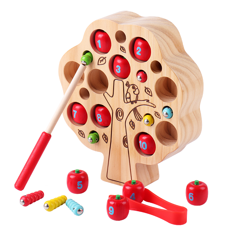 宝宝早教数字认知磁性钓鱼抓虫子游戏实木耐摔2-3岁益智动手玩具