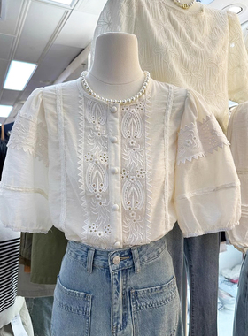 夏季韩版减龄显瘦小个子泡泡袖蕾丝花边衬衫女装31662#