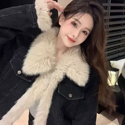 黑色短款牛仔外套女2025冬季新款加绒加厚仿狐狸毛拼接小个子棉衣