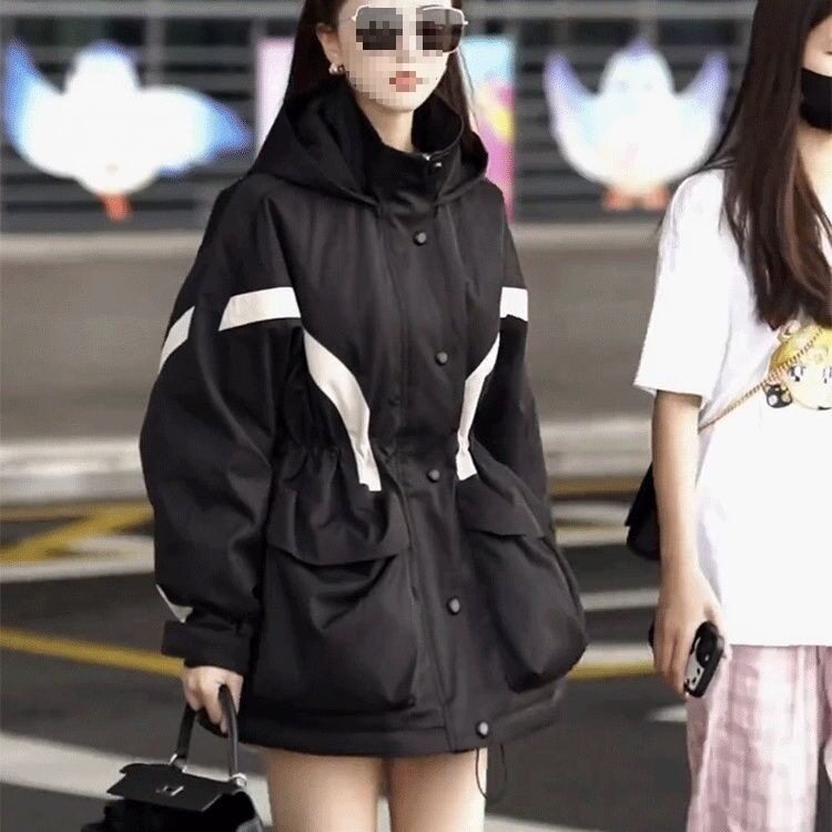 2025新款收腰显瘦中长款加棉风衣外套黑色连帽棉服冲锋衣女装