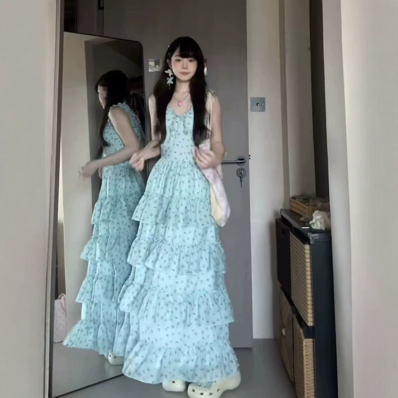 法式度假风薄荷绿碎花连衣裙女夏季小个子设计感收腰显瘦蛋糕长裙