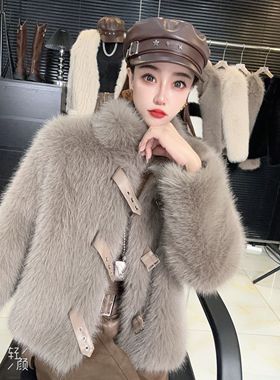 美拉德立领皮扣设计小香风毛外套冬款气质小个子毛毛外套女28699#