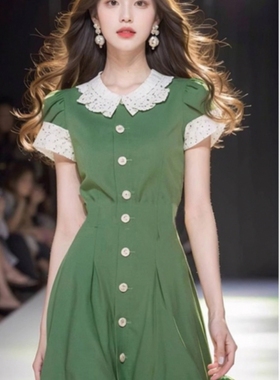 韩系穿搭薄荷曼波气质减龄绿色花边领收腰连衣裙女夏季新款32285