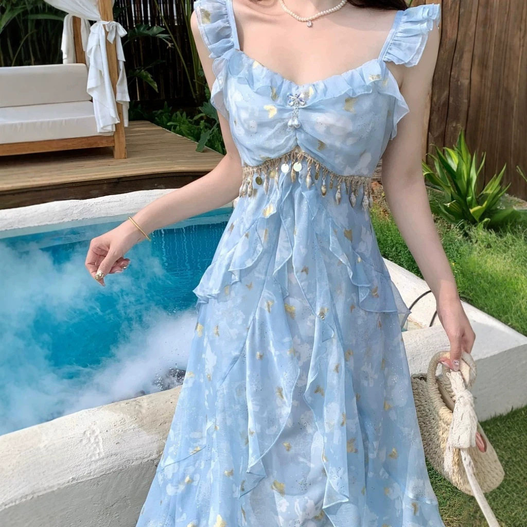 法式茶歇蓝色吊带裙女夏季旅游海边度假沙滩甜美日落大码连衣裙
