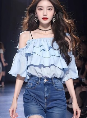 夏季新款一字肩蓝色荷叶边露肩衬衫女韩系衬衣女31829