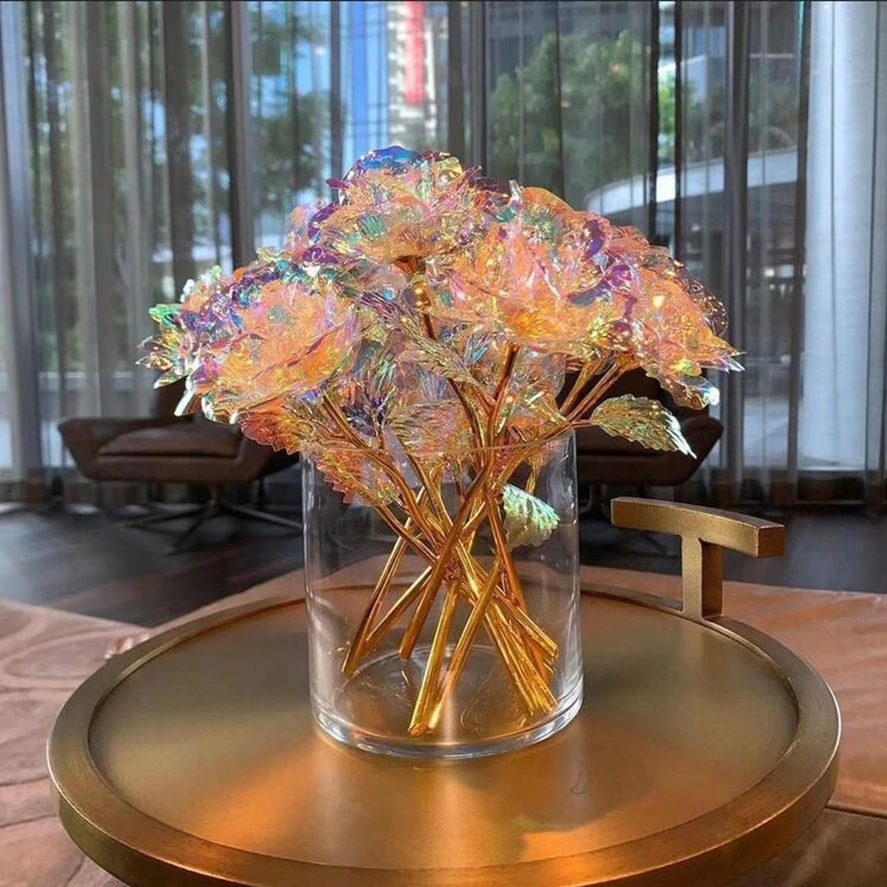 永生花玫瑰花七彩炫光彩金玫瑰花母亲节情人节仿真金泊箔花礼物