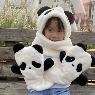 熊猫花花帽子秋冬季保暖三件套帽子围巾一体帽连手套帽子围巾礼物