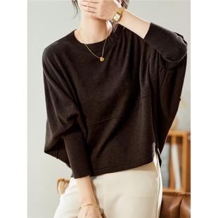 韩版宽松慵懒风圆领蝙蝠袖针织衫胖MM大码显瘦秋冬新款咖色毛衣女
