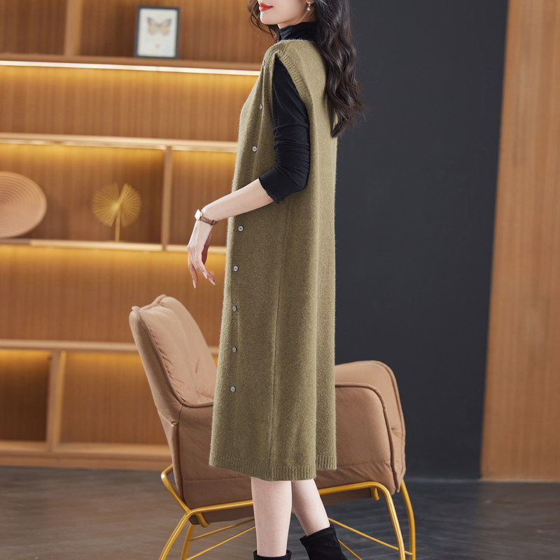 韩版中长款宽松马甲女v领针织连衣裙过膝无袖毛衣坎肩秋冬背心裙