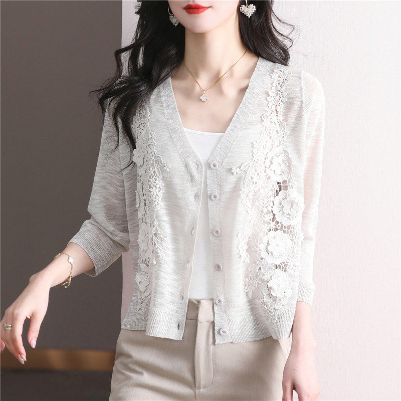 蕾丝罩衫配旗袍裙子小披肩女夏冰丝针织衫外套外搭宽松短款薄坎肩