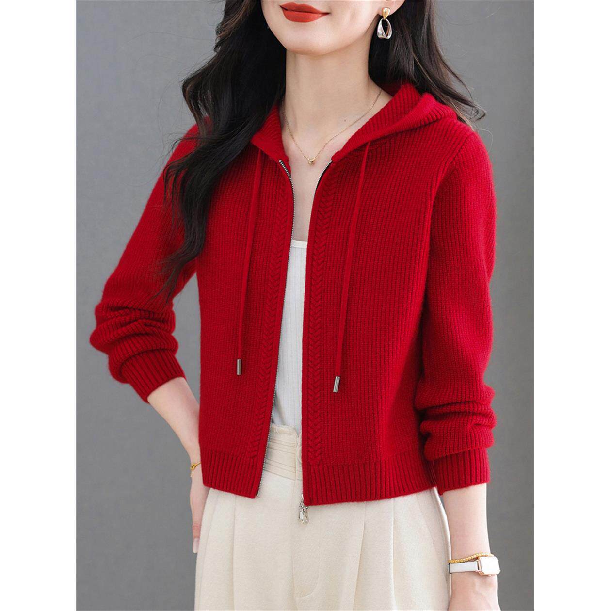 大红色连帽短款卫衣女长袖设计感小众外套春秋高腰双拉炼开衫上衣