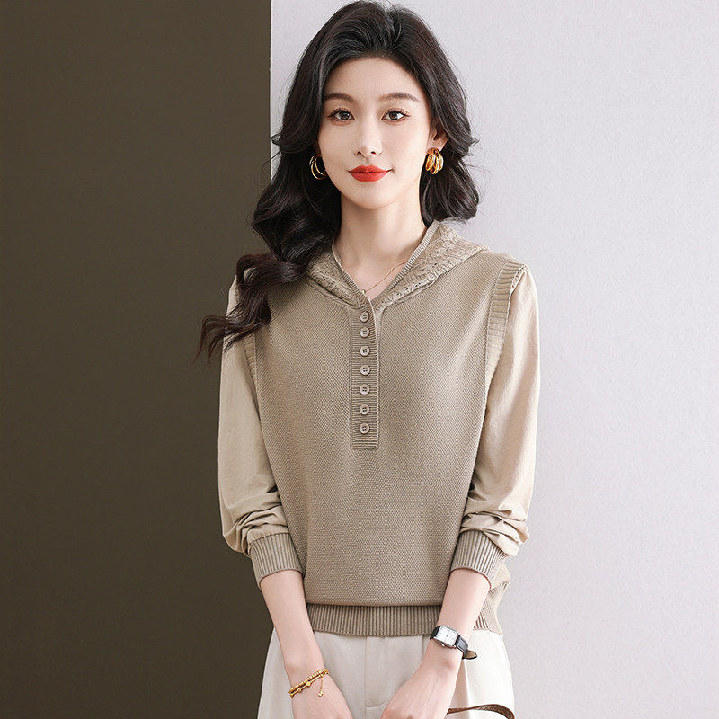 假两件拼接雪纺长袖T恤女士2025春秋装新款连帽上衣休闲 针织上衣,女装/女士精品,毛针织衫,淘宝优惠券,粉丝福利购,淘宝优惠卷