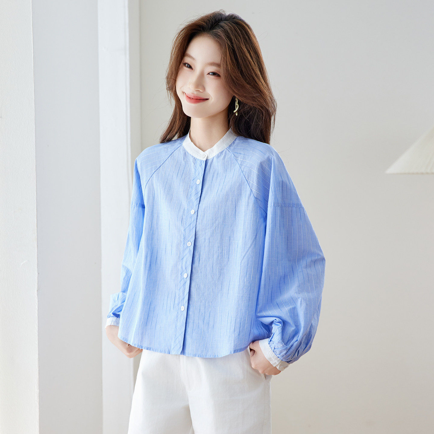 纯棉蓝色条纹衬衫女春秋2