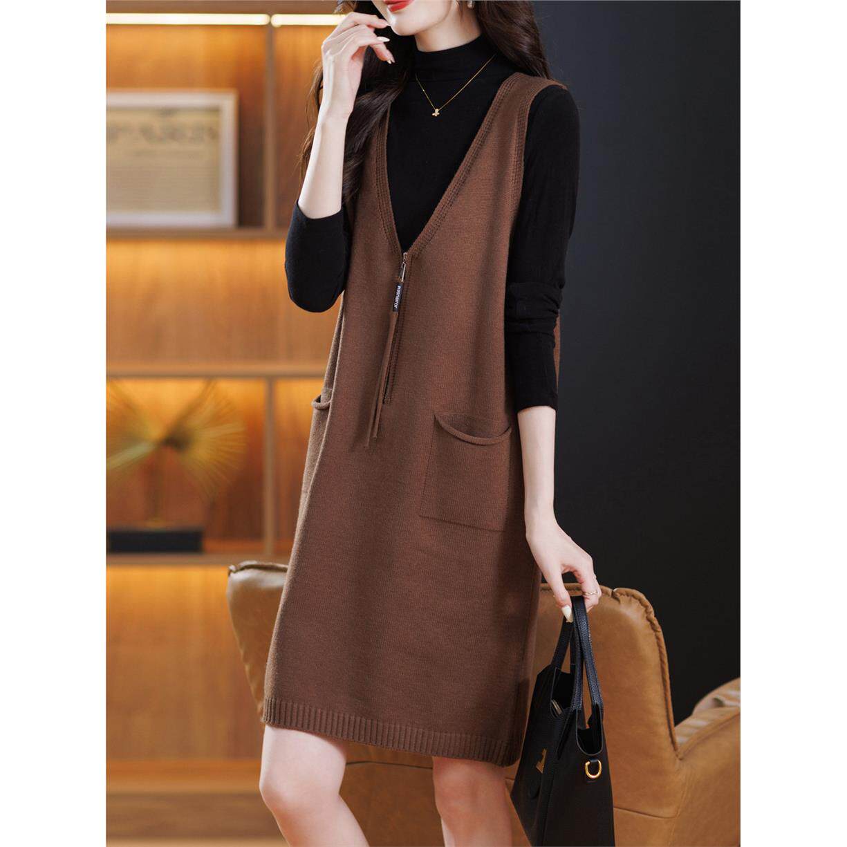 2025年秋季新款针织拉炼马甲中长款女士韩版宽松显瘦毛衣背心裙女