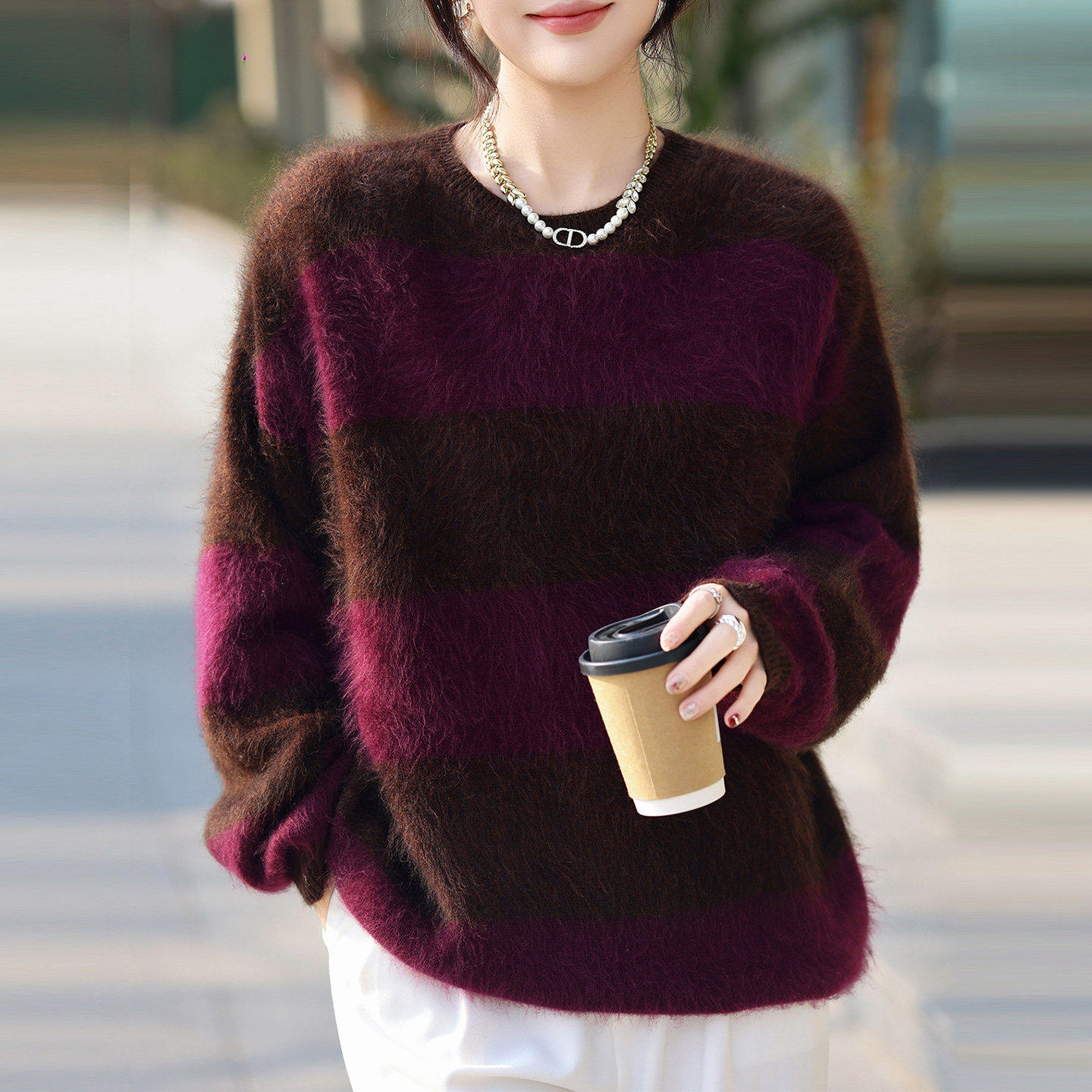 慵懒风条纹拼色羊毛衫拉绒毛衣女宽松圆领针织衫冬季保暖加厚上衣