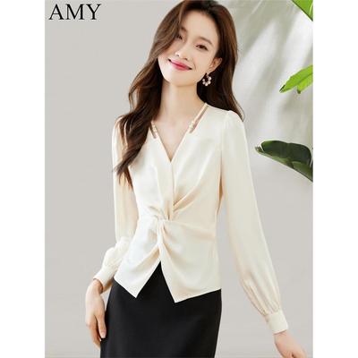 2025秋季新款气质V领设计感扭结显瘦T恤雪纺短款小个子漂亮上衣女