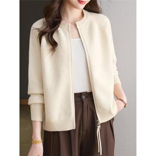 白色圆领针织棒球服短款休闲开衫卫衣外套女春秋韩版宽松拉炼夹克