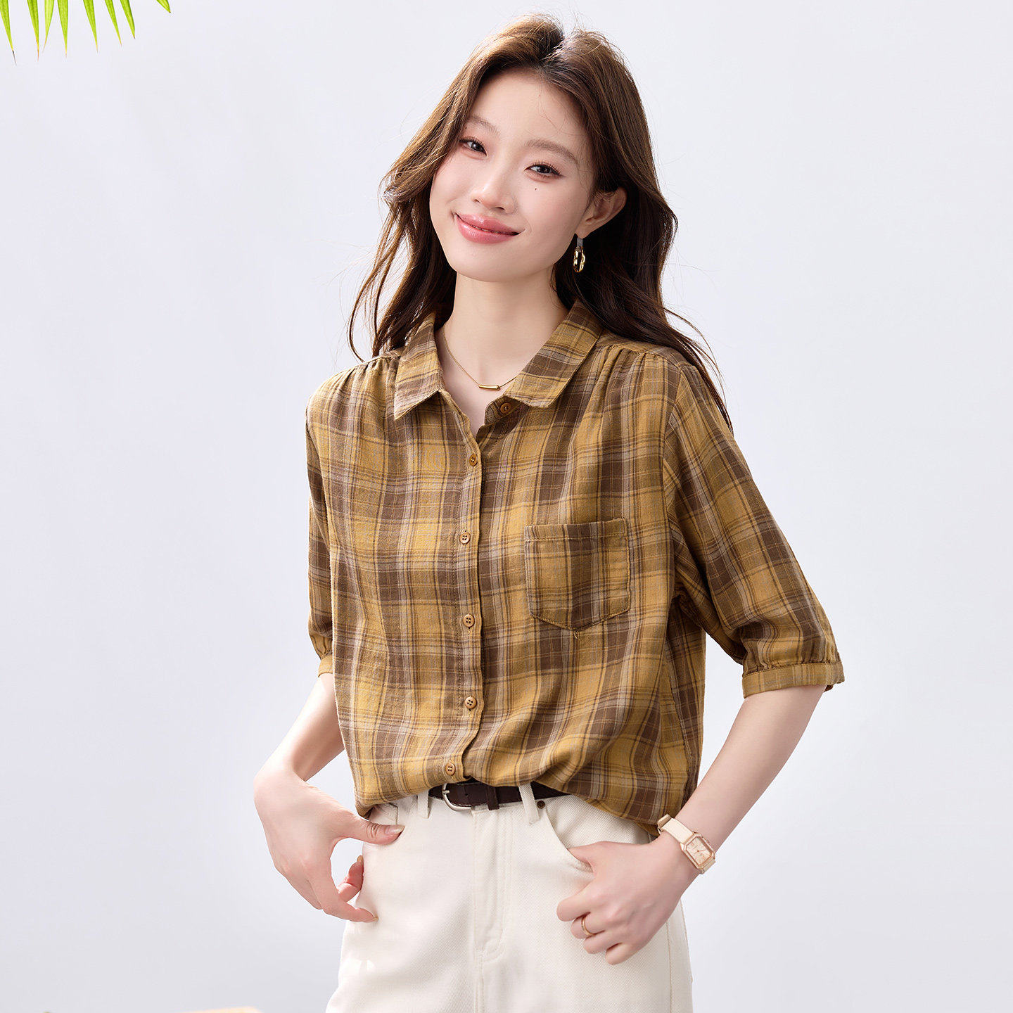 设计感小众短袖衬衫女夏季新款高级感轻奢独特超好看纯棉格纹衬衫