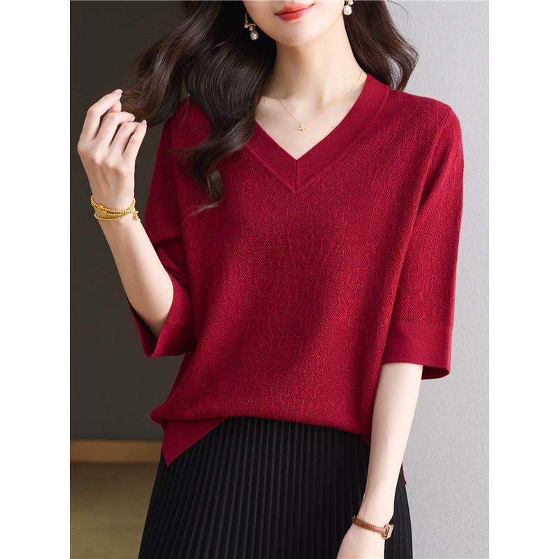 纯色t恤女短袖宽松v领正肩夏2025打底简约体恤鸡心领内搭上衣女装