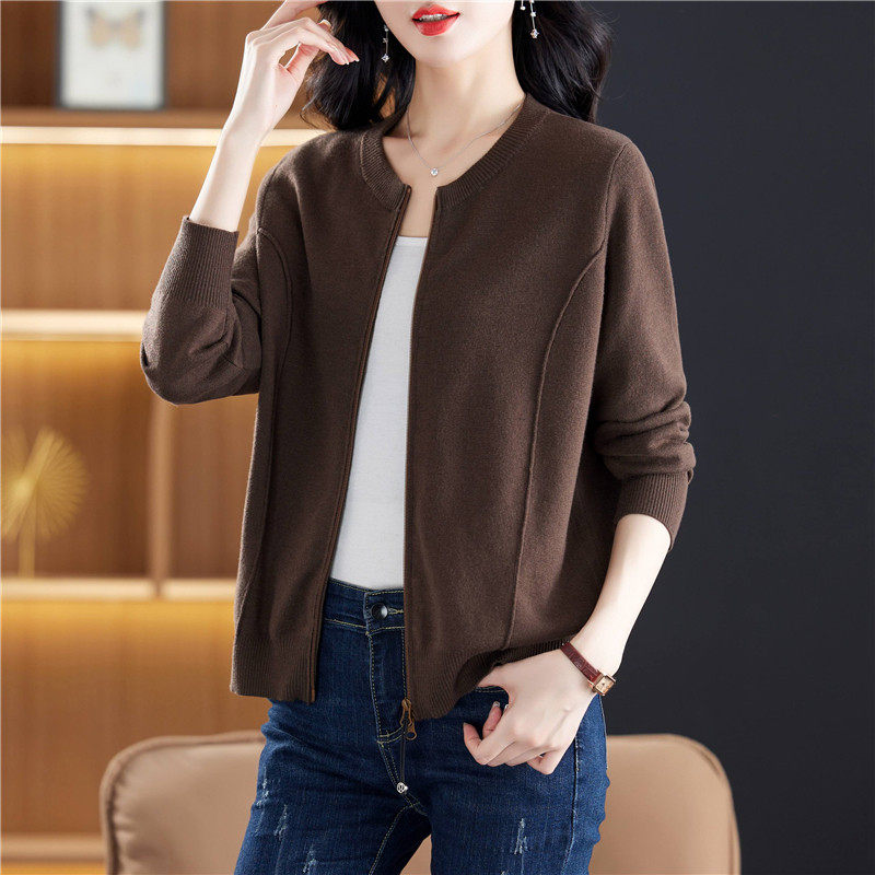 低圆领针织棒球服短款休闲开衫厚棉T外套女春秋宽松拉炼夹克休闲